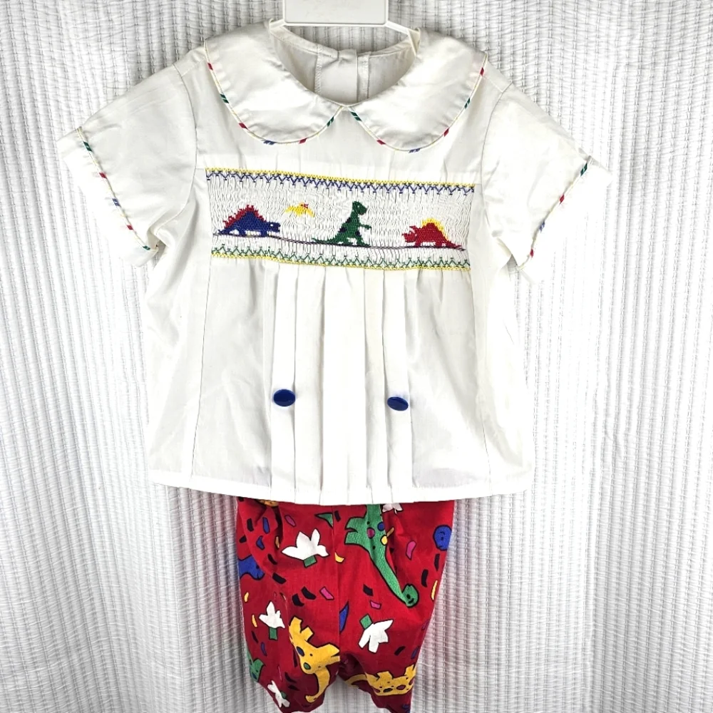 VTG Button-in Smocked‎ Dinosaur 2pc Outfit Colorful Dino Pleated